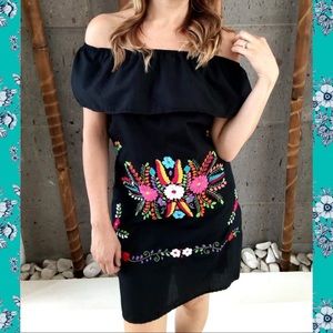 Mexican Off Shoulder Black Dress Embroidered